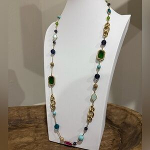 Carolee Long Coloful Chain Link Necklace - Gold Tone